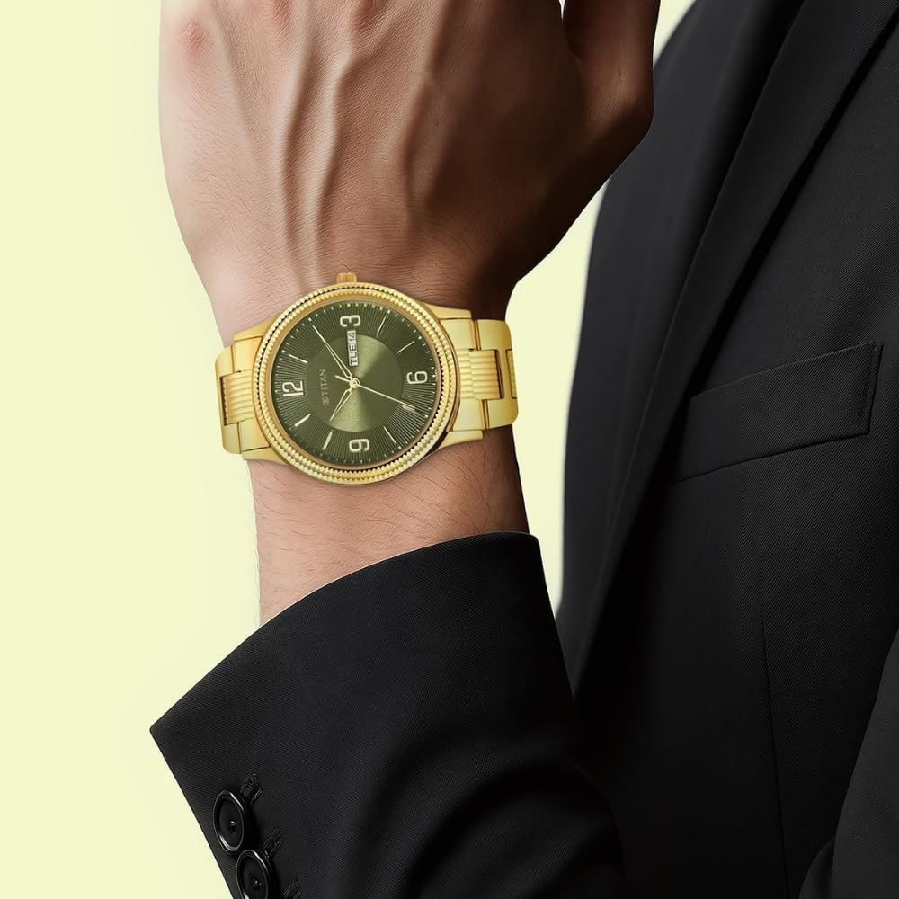 Titan Karishma Quartz Analog with Day & Date Green Dial Gold Stainless Steel Strap Watch for Men