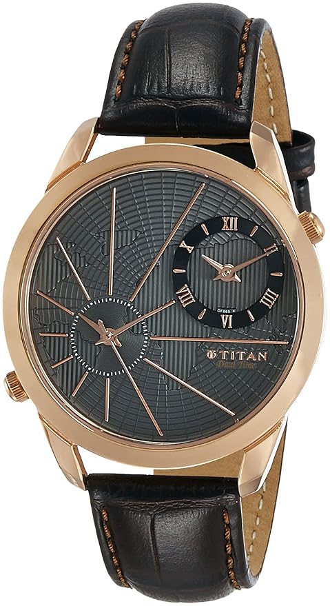 Titan Globe Trotter Anthracite Dial Dual Time Leather Strap watch for Men
