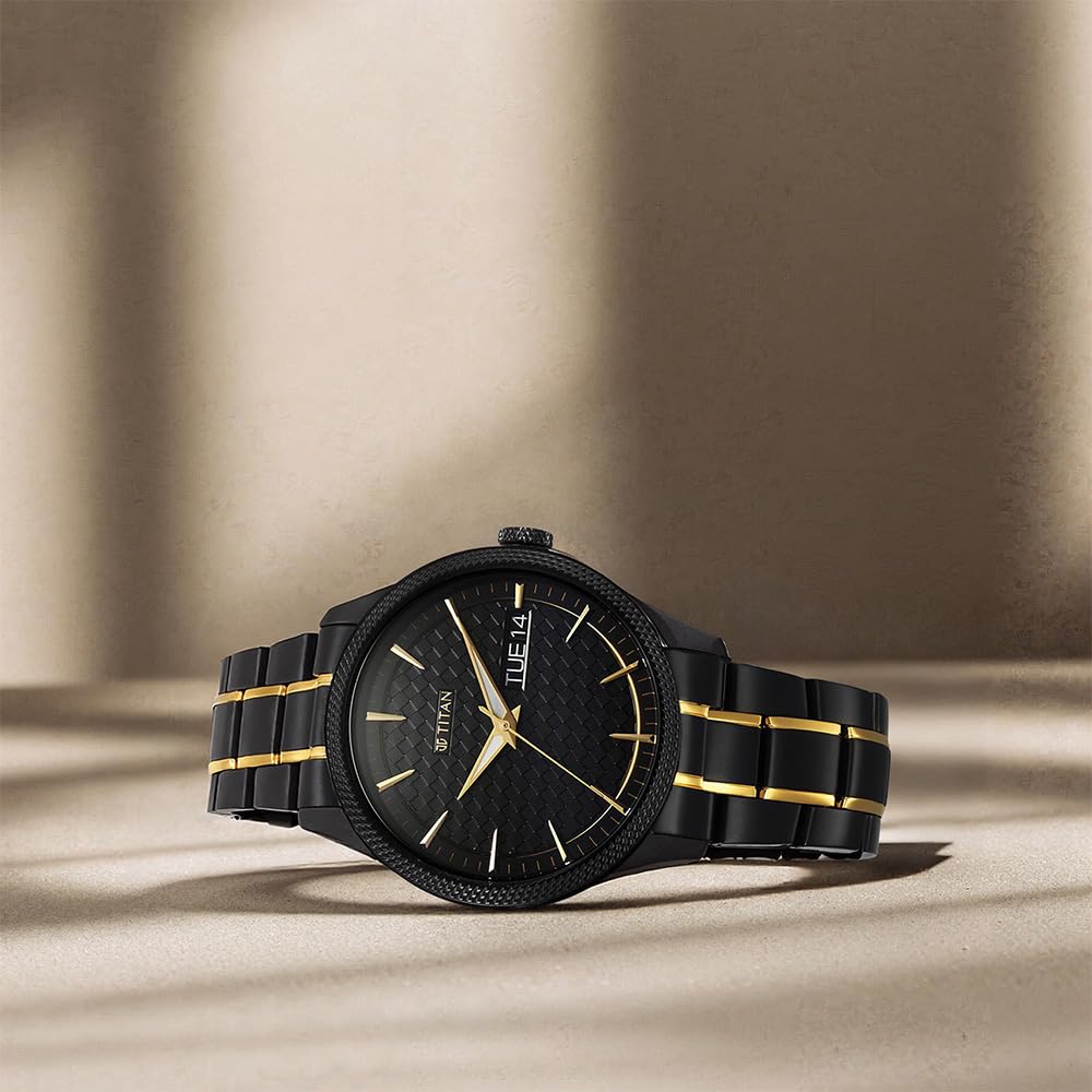 Titan Regalia Opulent Quartz Analog with Day & Date Black Dial Two Toned Black & Gold Stainless Steel Strap Watch for Men