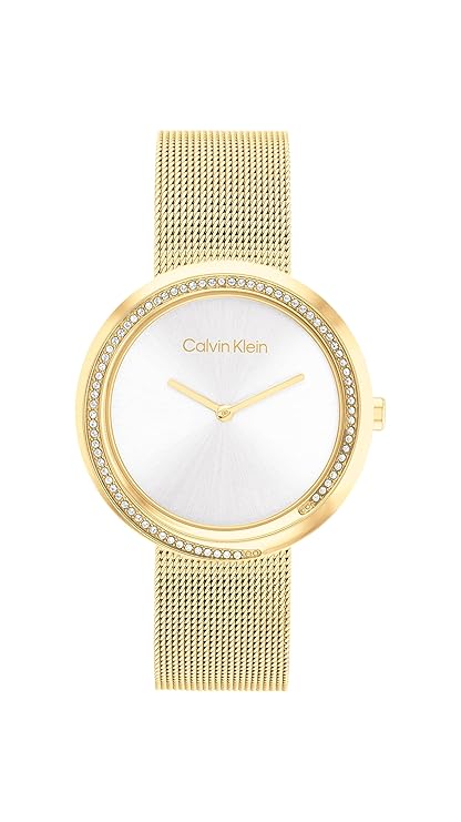 Calvin Klein Women's Quartz Ionic Thin Gold Plated Steel Case and Mesh Bracelet Watch, Color: Gold Plated (Model: 25200150), Gold Plated, Gold Plated, bracelet