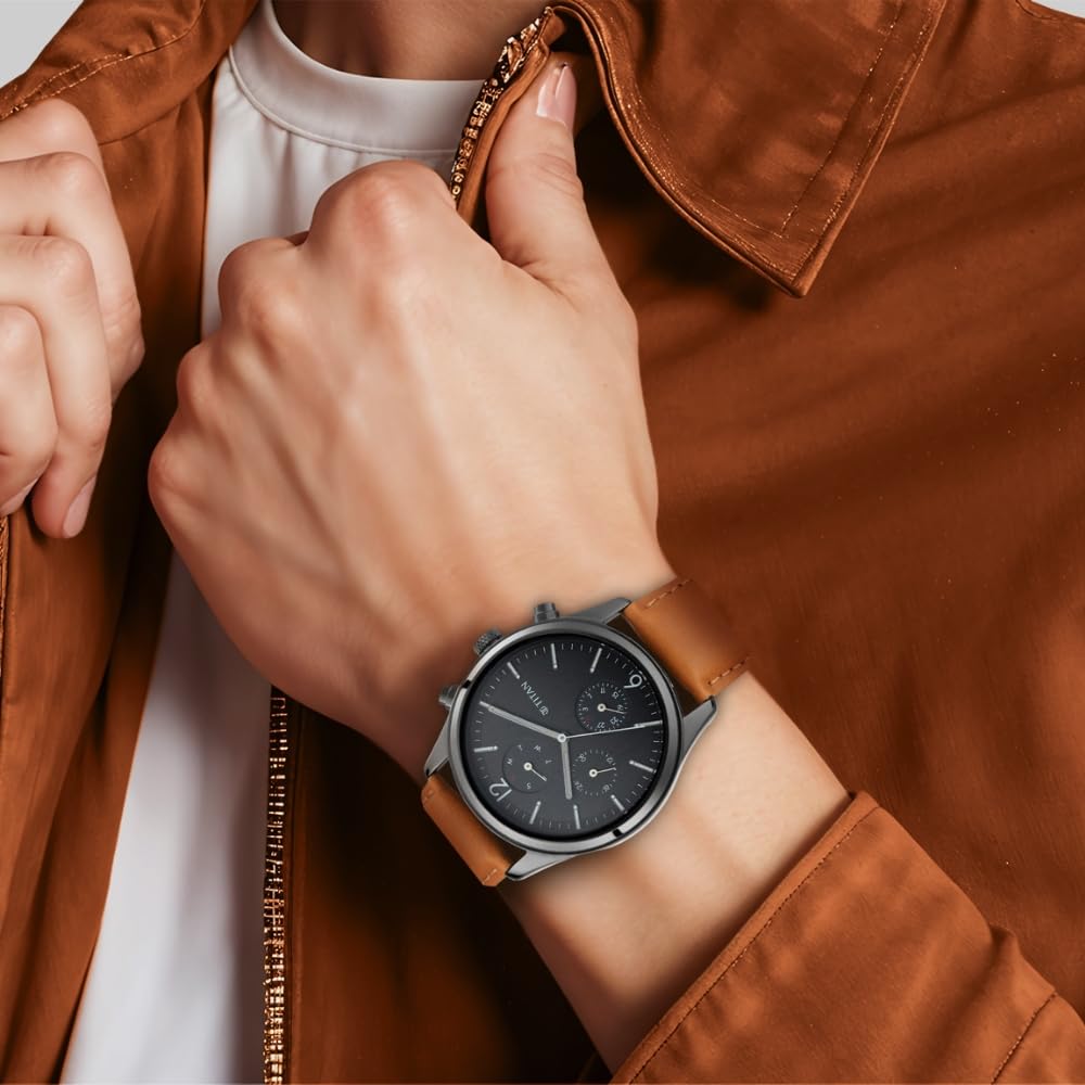 Titan Men's Metropolitan Charm: Men's Multifunctional Black Watch with Leather Strap