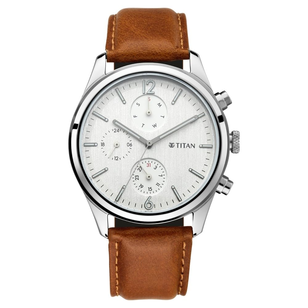 Titan Men's Metropolitan Charm: Men's Multifunctional Black Watch with Leather Strap