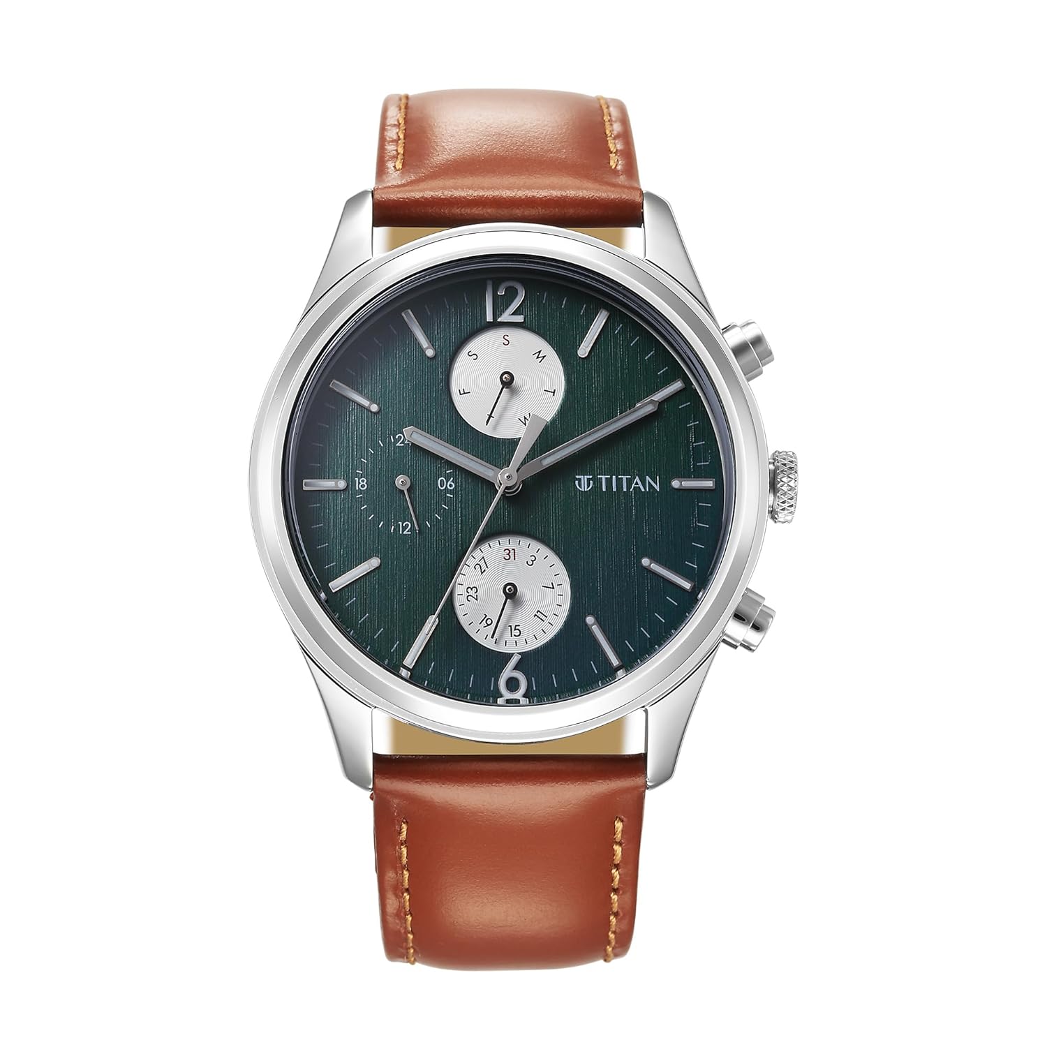 Titan Wrist with Quartz Multifunction Teal Green Dial Brown Leather Strap Watch for Men