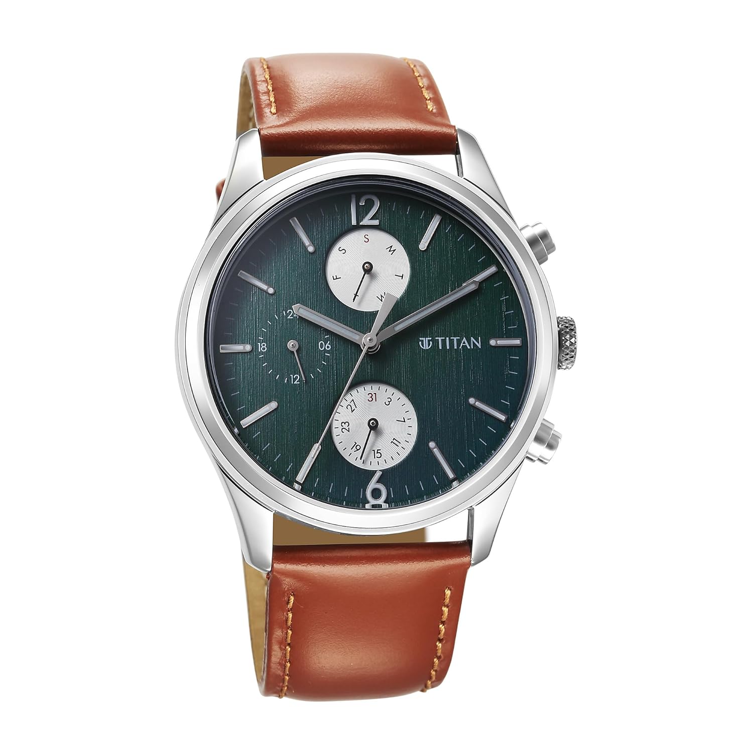 Titan Wrist with Quartz Multifunction Teal Green Dial Brown Leather Strap Watch for Men