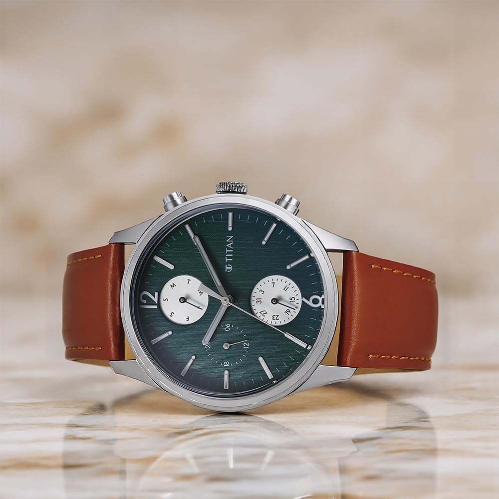 Titan Wrist with Quartz Multifunction Teal Green Dial Brown Leather Strap Watch for Men
