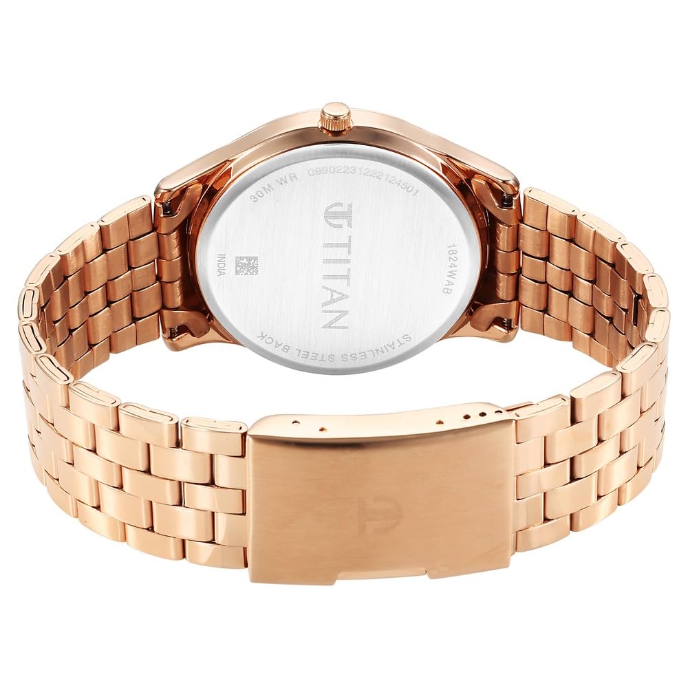 Titan Karishma Quartz Analog with Day & Date Brown Dial Rose Gold Stainless Steel Strap Watch for Men