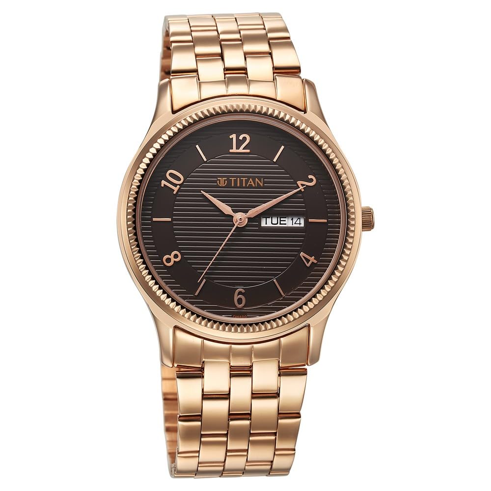 Titan Karishma Quartz Analog with Day & Date Brown Dial Rose Gold Stainless Steel Strap Watch for Men