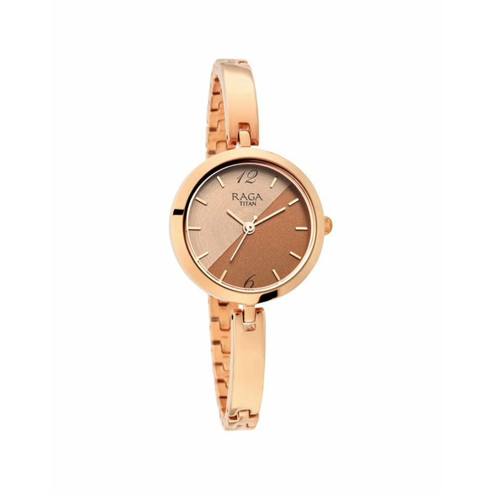 Titan Raga Viva Quartz Analog Bicolour Brown and Beige Dial Rose Gold Metal Strap Watch for Women