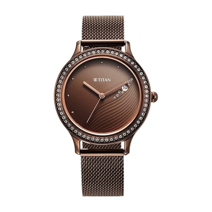 Titan Purple Glam It Up Brown Dial Analog with Date Stainless Steel Strap Watch for Women