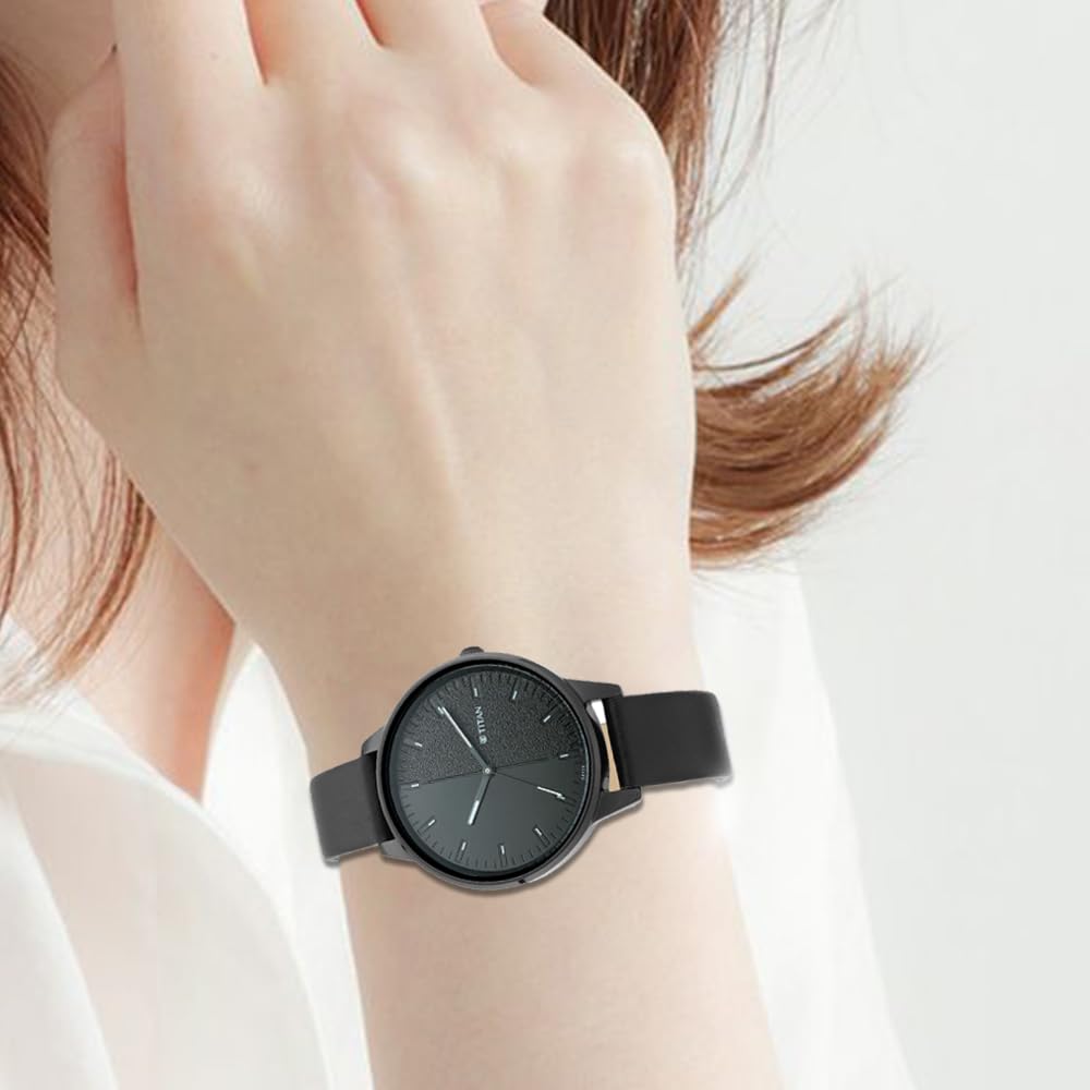 Titan Women's Precision Simplicity Watch: Black Gradient Dial with Leather Strap