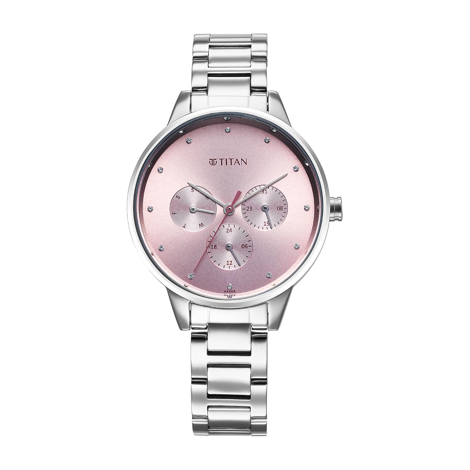 Titan Razzle Dazzle Quartz Analog with Day and Date Pink Dial Silver Stainless Steel Strap Watch For Women