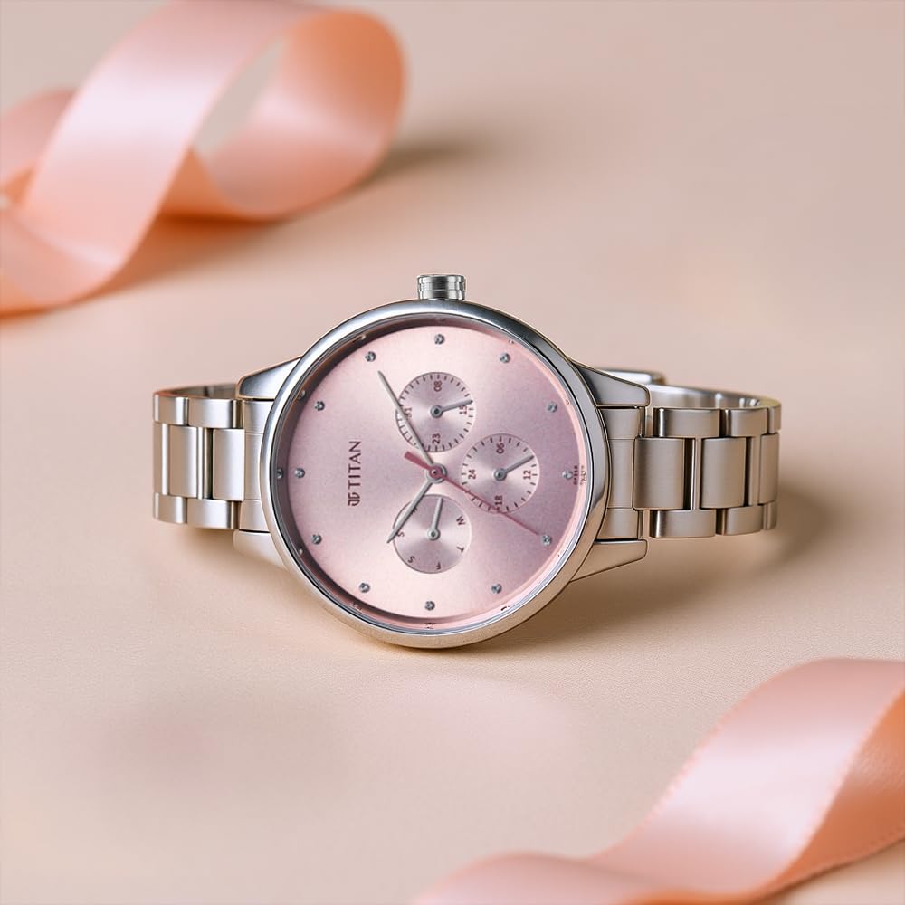 Titan Razzle Dazzle Quartz Analog with Day and Date Pink Dial Silver Stainless Steel Strap Watch For Women