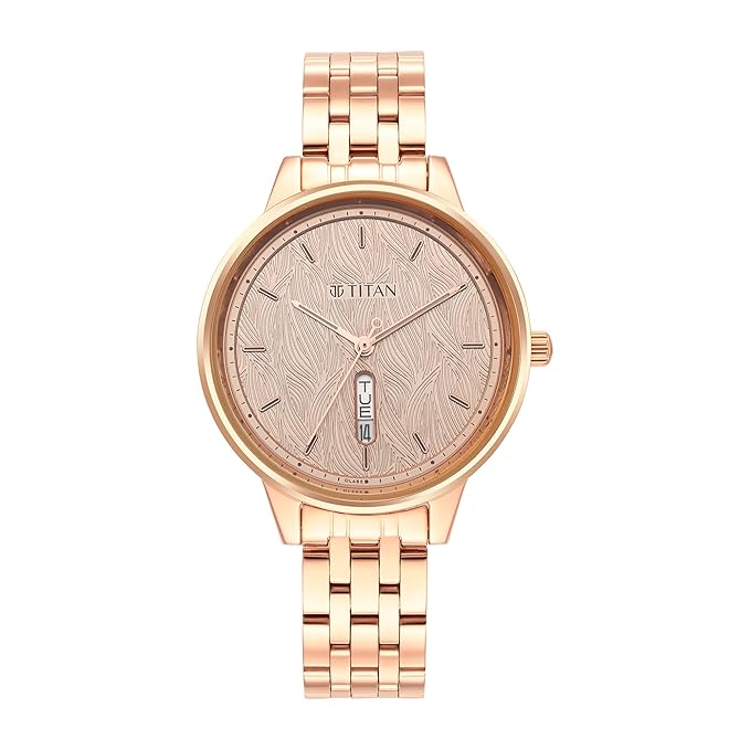 Titan Workwear Quartz Analog with Day and Date Rose Gold Dial Stainless Steel Strap Watch for Women