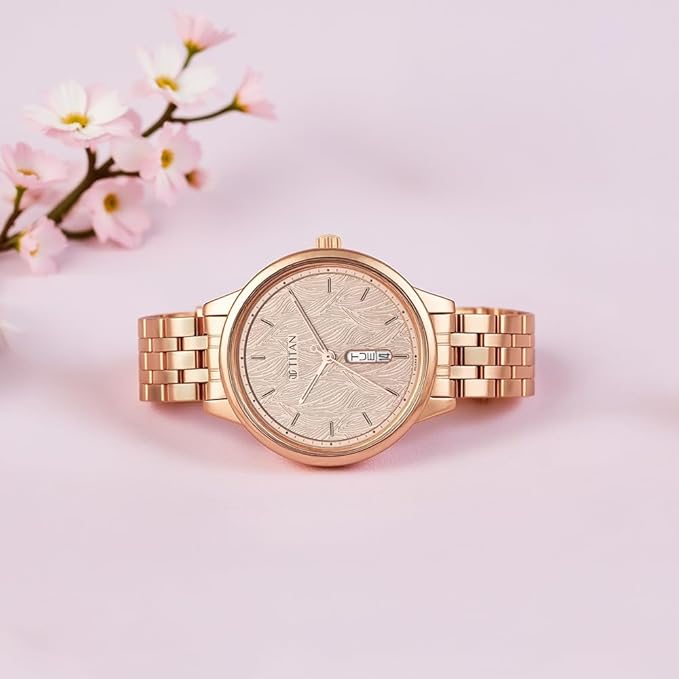 Titan Workwear Quartz Analog with Day and Date Rose Gold Dial Stainless Steel Strap Watch for Women