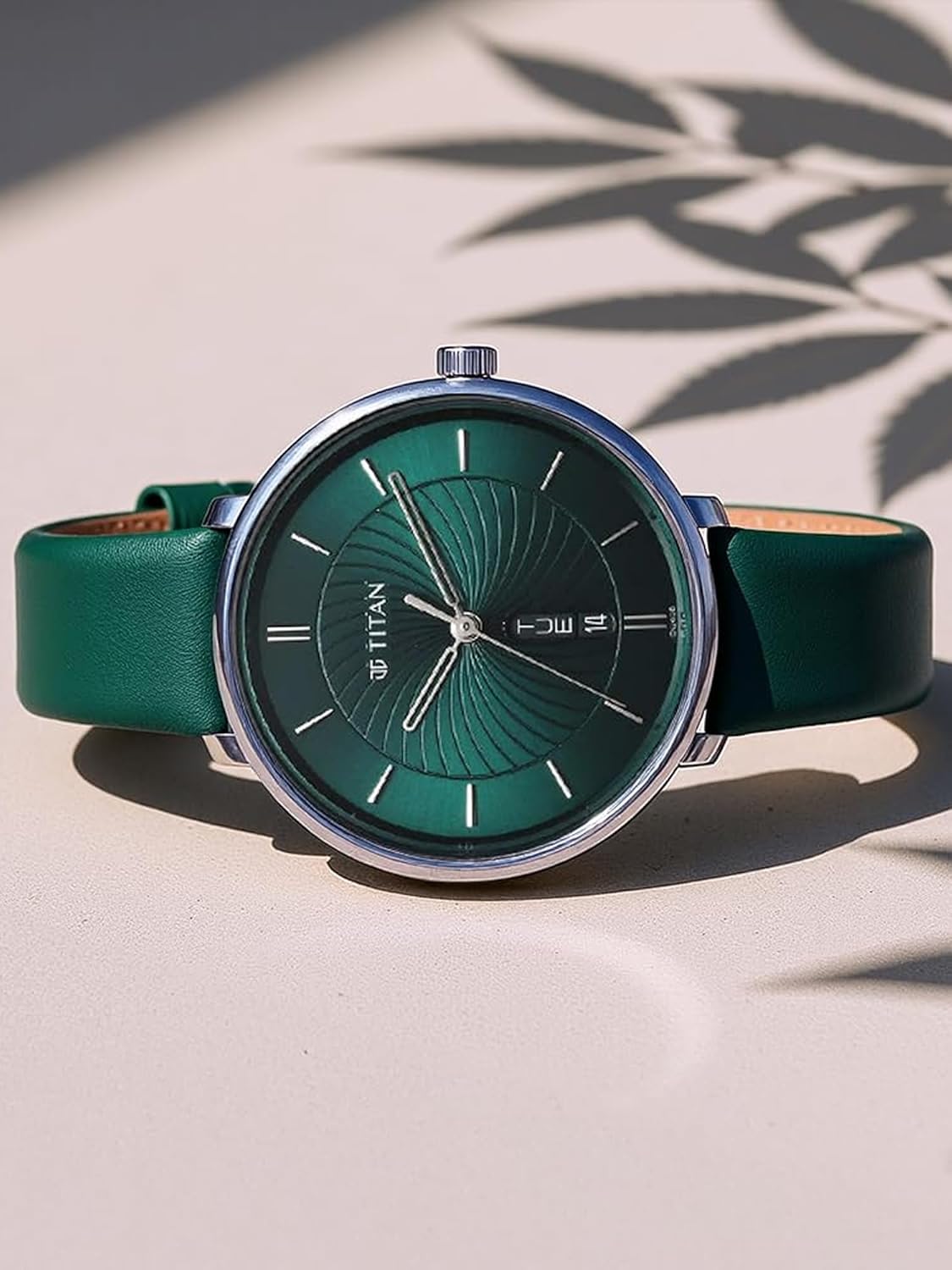 Titan Neo Analog with Day and Date Green Dial Green Color Leather Strap Watch For Women