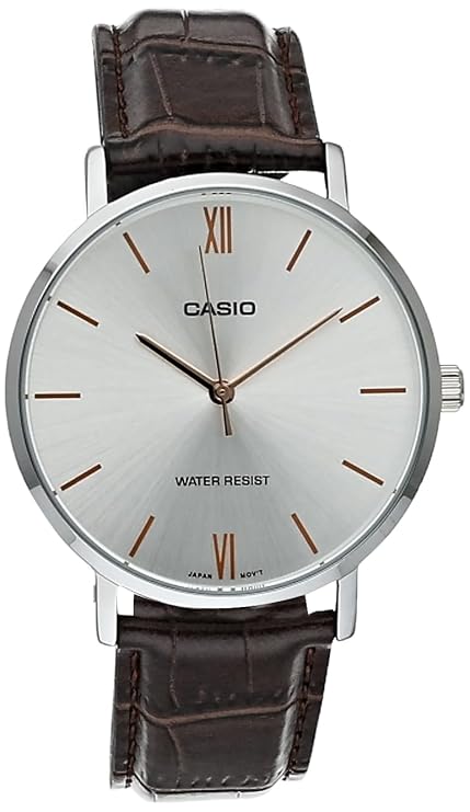 Casio MTP-VT01L-7B2 Men's Minimalistic Silver Dial Brown Leather Band Analog Watch