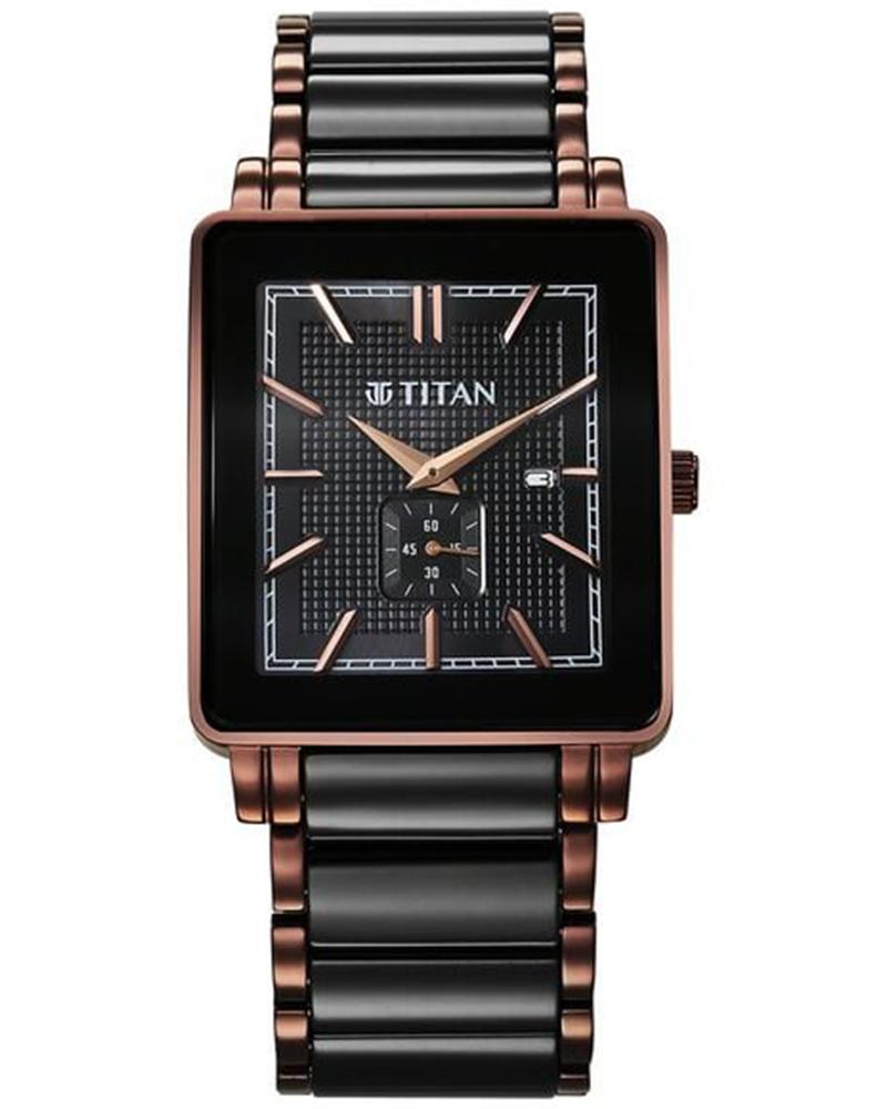 Titan Regalia Shaped Ceramic Quartz Analog with Date Black Dial Steel & Ceramic Strap Watch For Men