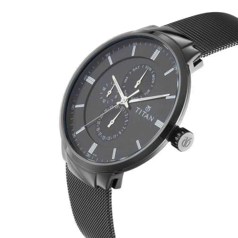 Titan Workwear Black Dial Quartz Multifunction Stainless Steel Strap watch for Men