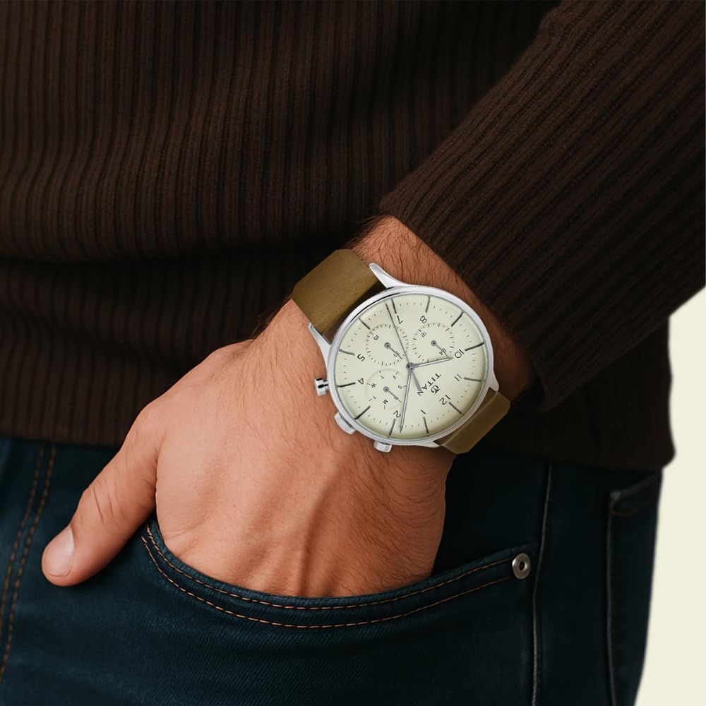 Titan On Trend White Dial Quartz Multifunction Leather Strap watch for Men