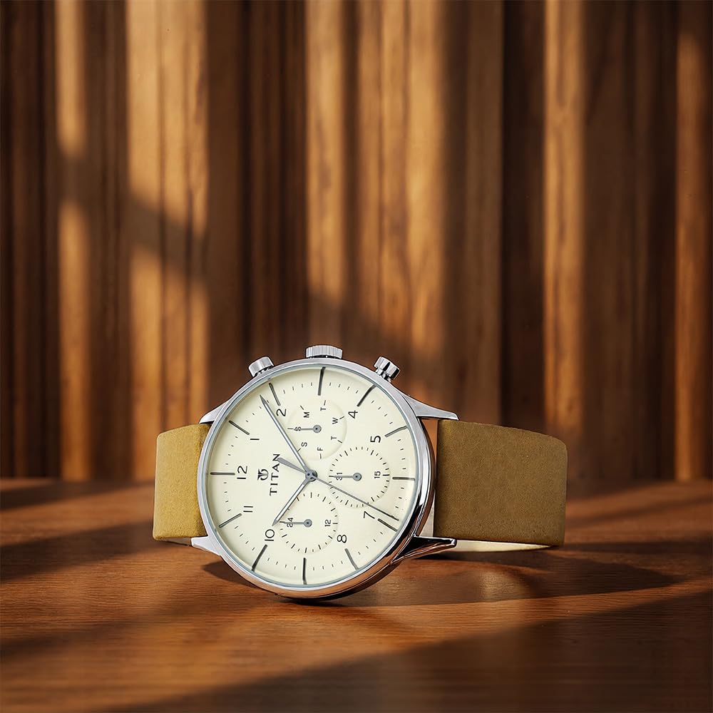 Titan On Trend White Dial Quartz Multifunction Leather Strap watch for Men