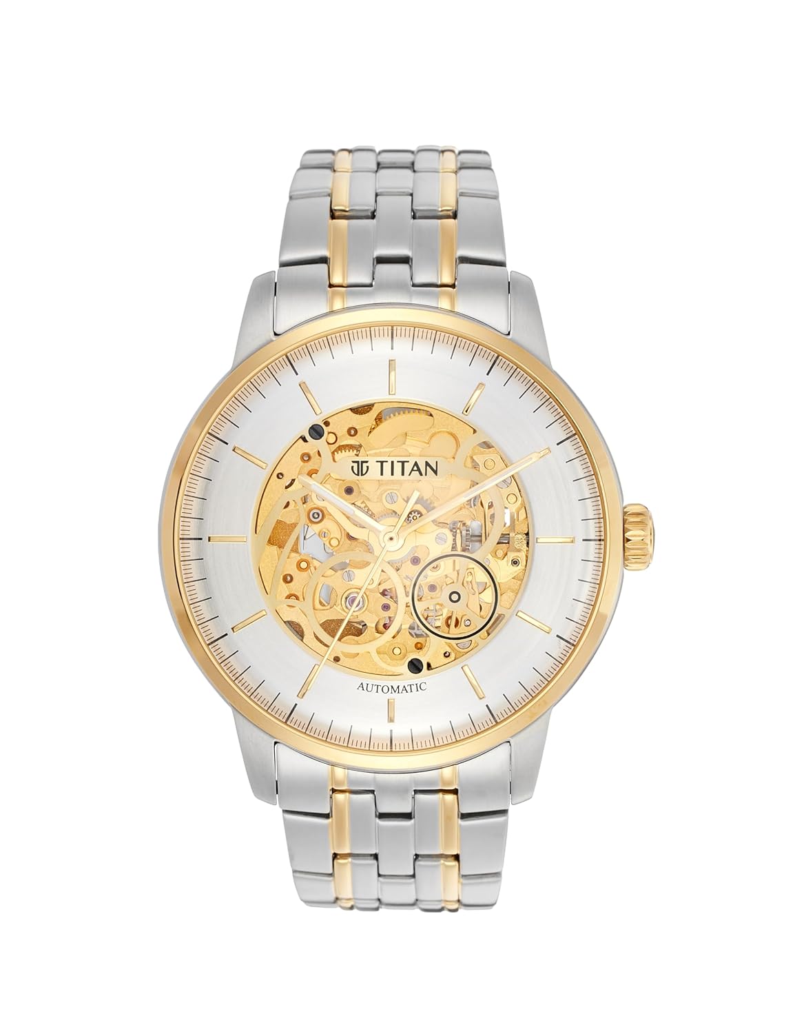Titan Golden Heart Skeletal Automatic Analog with Silver Dial Dual-Tone Stainless Steel Strap Watch for Men