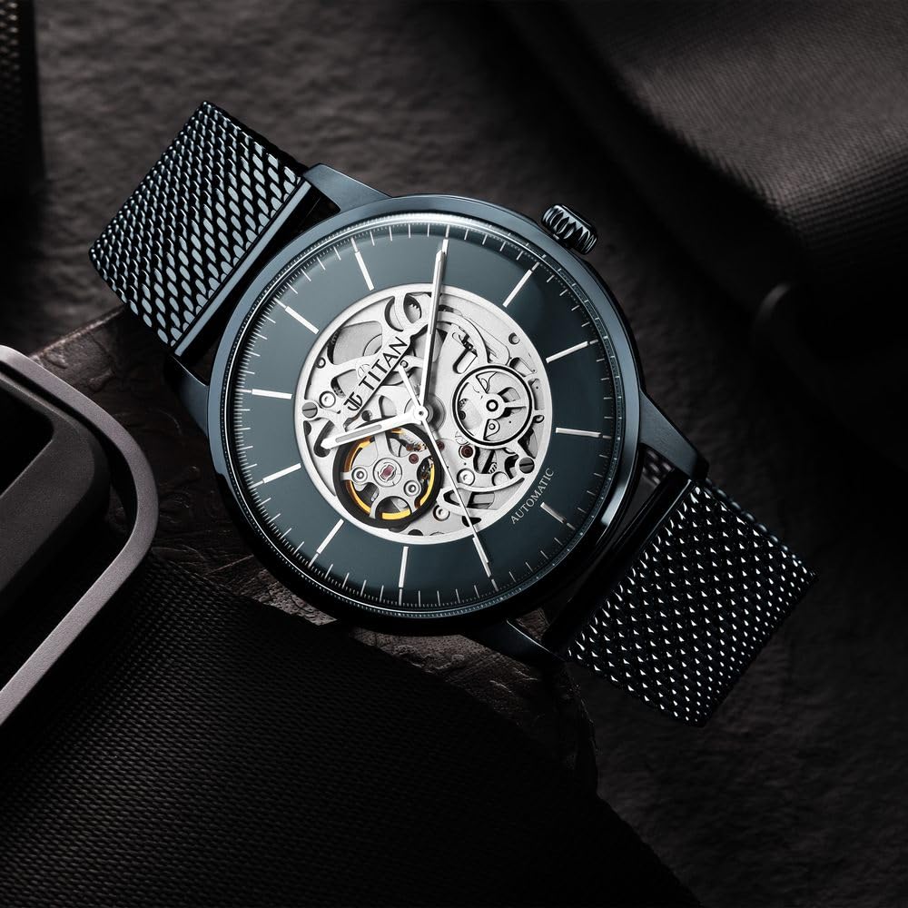 Titan Skeletal Automatic Blue Dial Blue Stainless Steel Strap Watch for Men