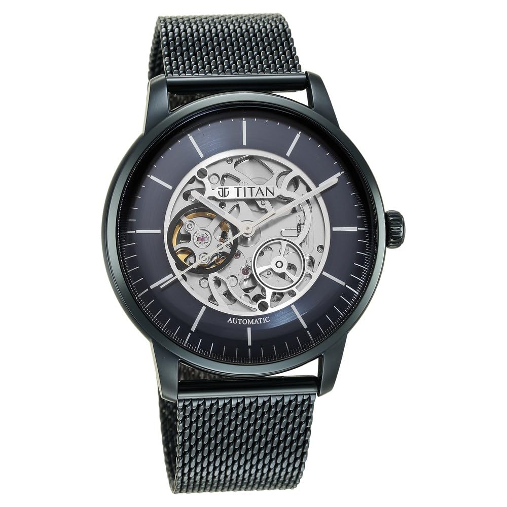 Titan Skeletal Automatic Blue Dial Blue Stainless Steel Strap Watch for Men