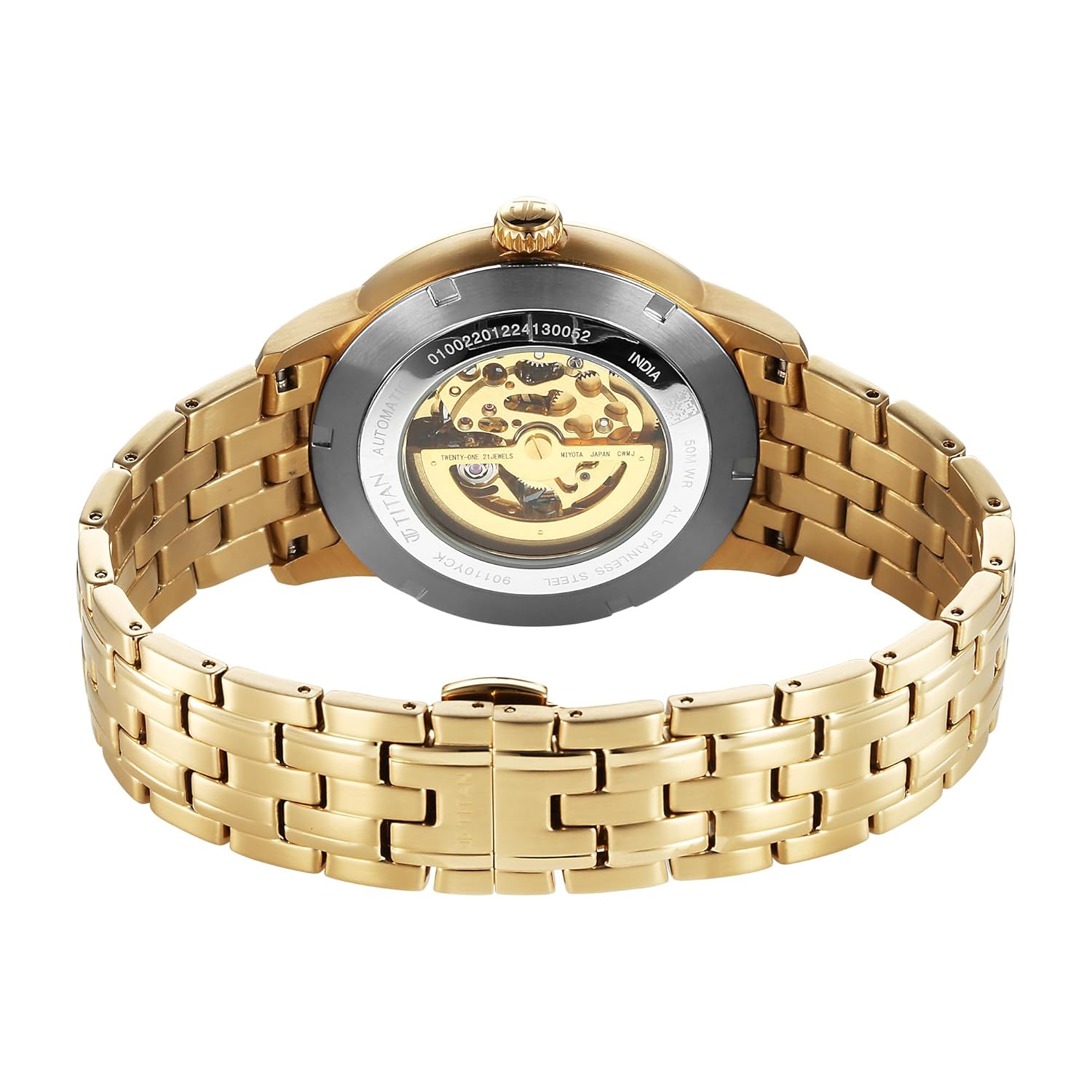 Titan Golden Heart Skeletal Automatic Analog with Silver Dial Yellow Gold Stainless Steel Strap Watch for Men