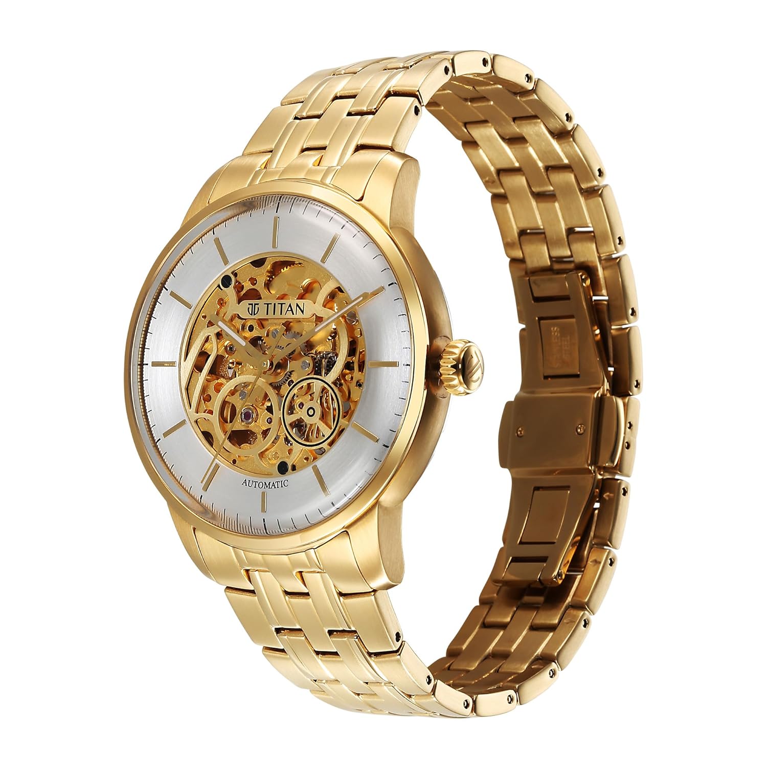 Titan Golden Heart Skeletal Automatic Analog with Silver Dial Yellow Gold Stainless Steel Strap Watch for Men