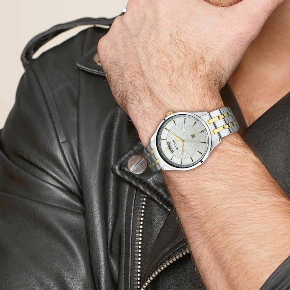 Titan Regalia Opulent White Dial Analog with Day and Date Stainless Steel Strap Watch for Men