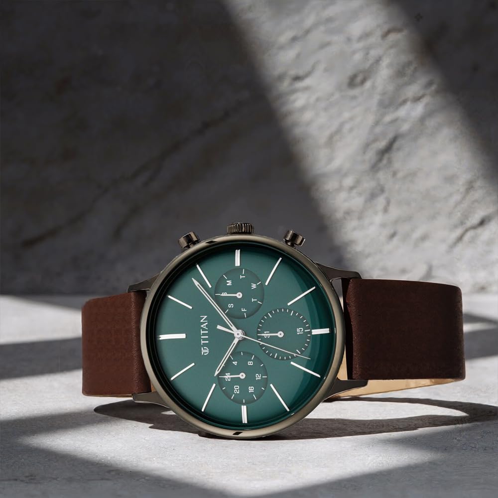 Titan Quartz Multifunction Green Dial Leather Strap Watch for Men