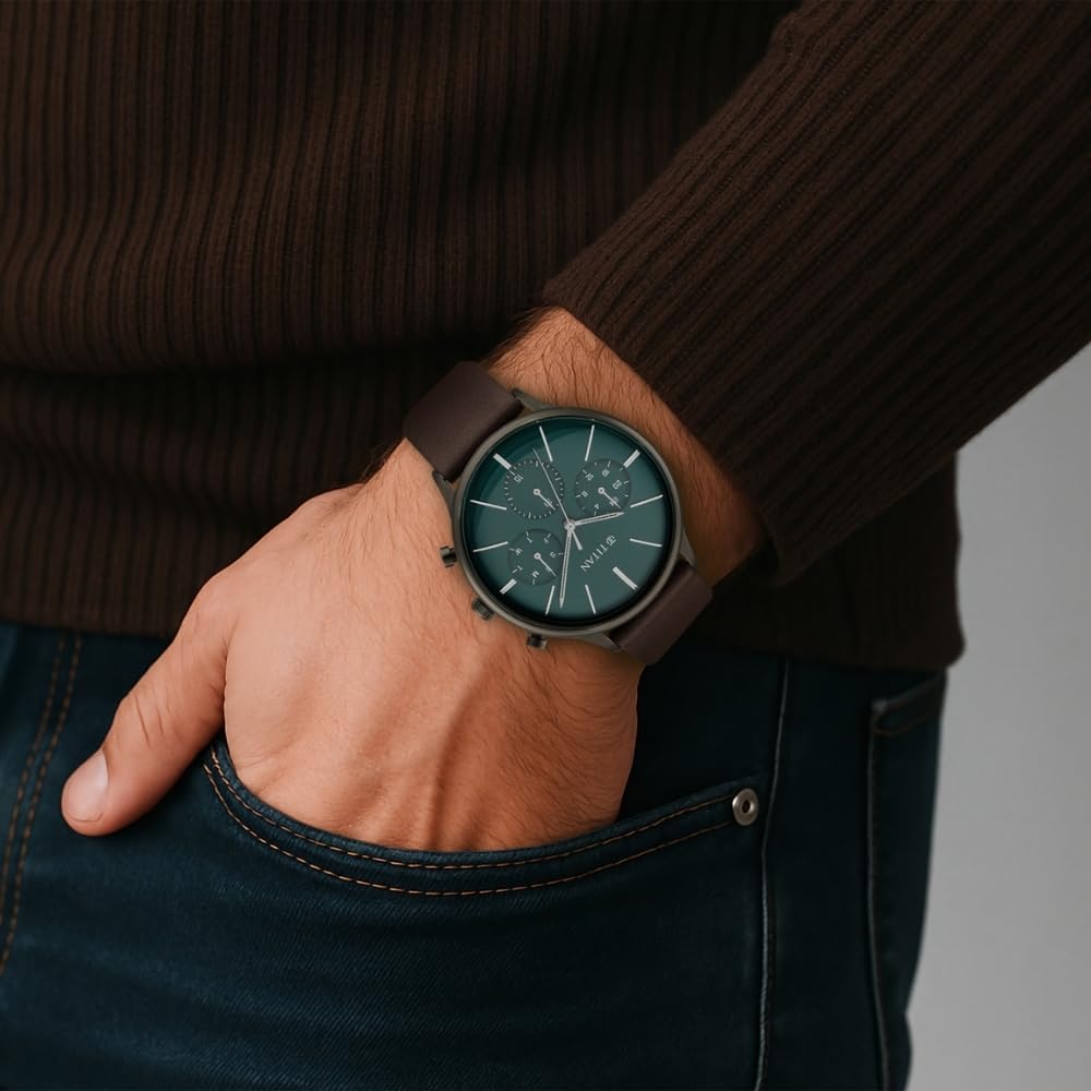 Titan Quartz Multifunction Green Dial Leather Strap Watch for Men
