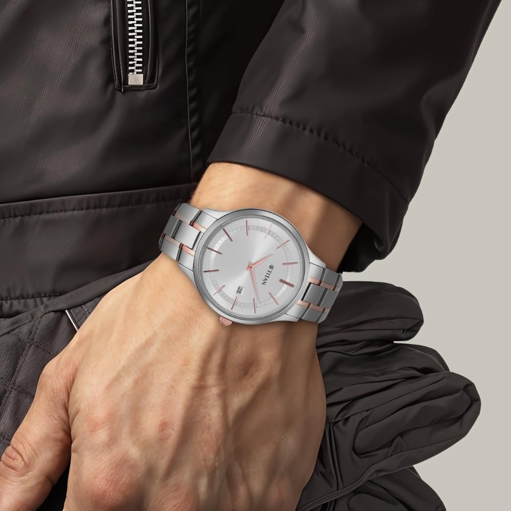 Titan Classique Slimline Silver Dial Analog with Date Stainless Steel Strap watch for Men