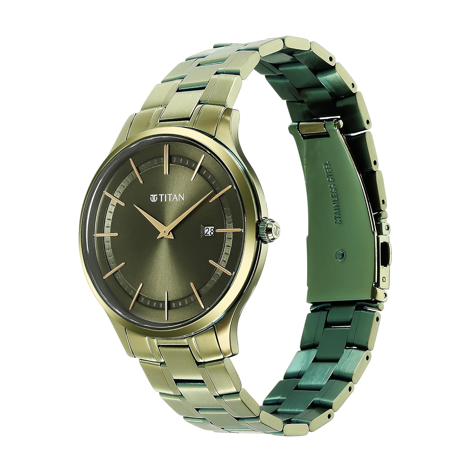 Titan Classique Slimline Green Dial Analog with Day and Date Stainless Steel Strap watch for Men