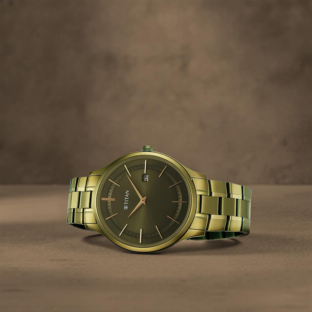 Titan Classique Slimline Green Dial Analog with Day and Date Stainless Steel Strap watch for Men