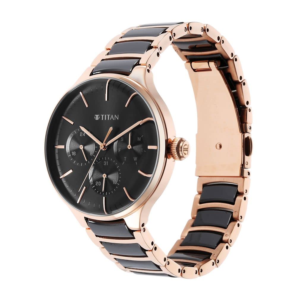 Titan Ceramic Fusion Quartz Multifunction Black Dial Rose Gold Dual-Toned Stainless Steel Bracelet Watch for Men