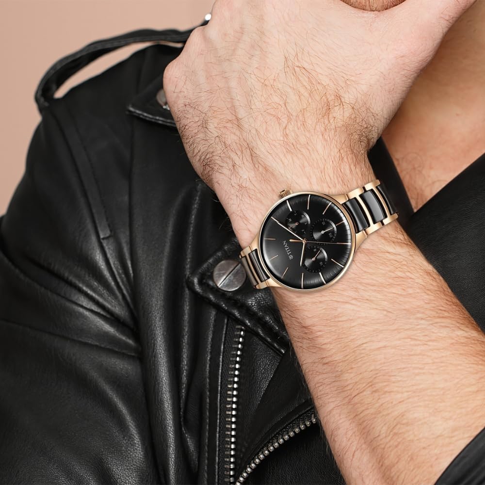 Titan Ceramic Fusion Quartz Multifunction Black Dial Rose Gold Dual-Toned Stainless Steel Bracelet Watch for Men