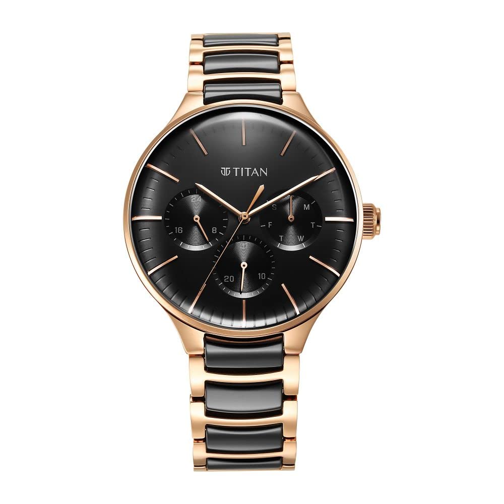 Titan Ceramic Fusion Quartz Multifunction Black Dial Rose Gold Dual-Toned Stainless Steel Bracelet Watch for Men