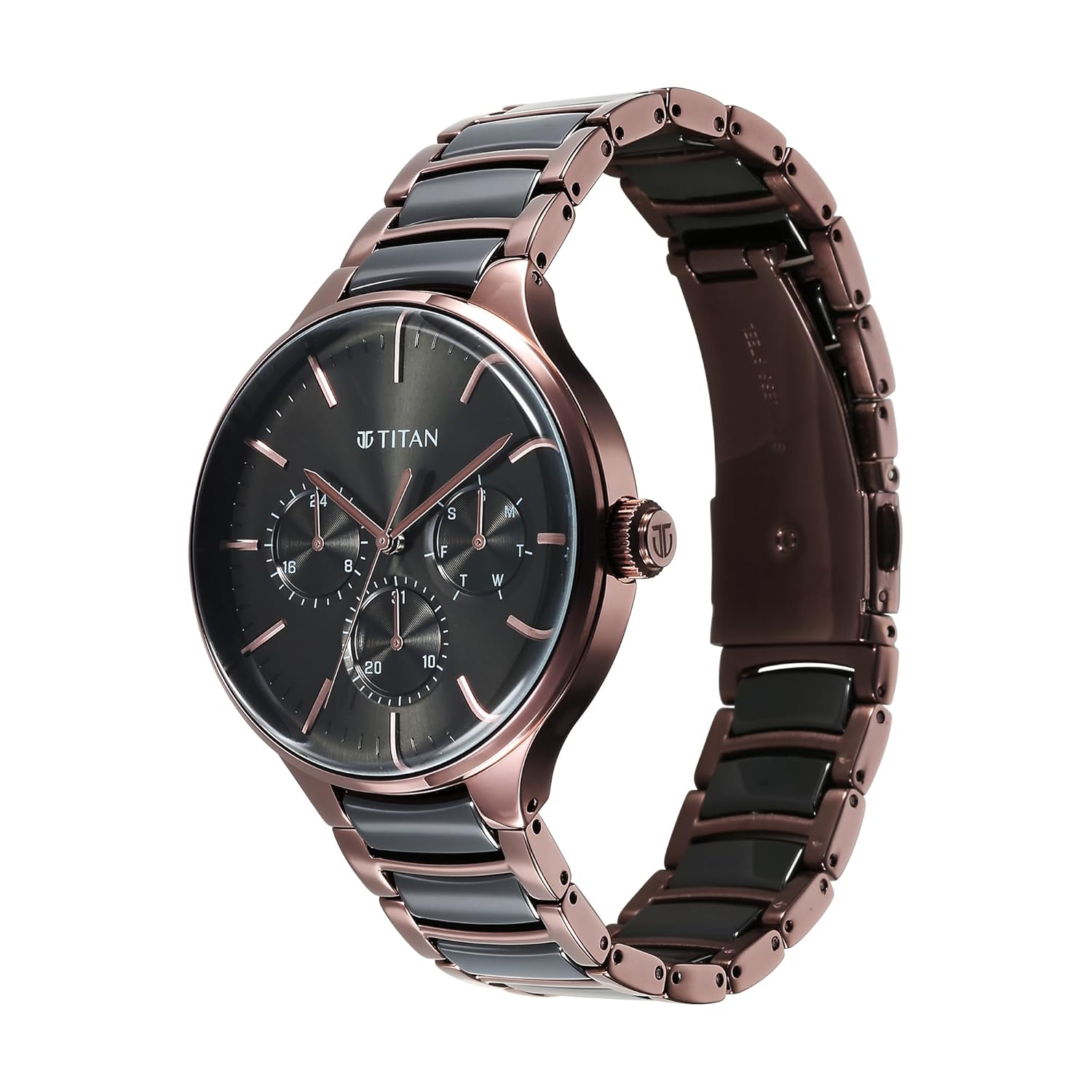 Titan Ceramic Fusion Multifunction Black Dial With Two Toned Color Stainless Steel Strap Watch For Men