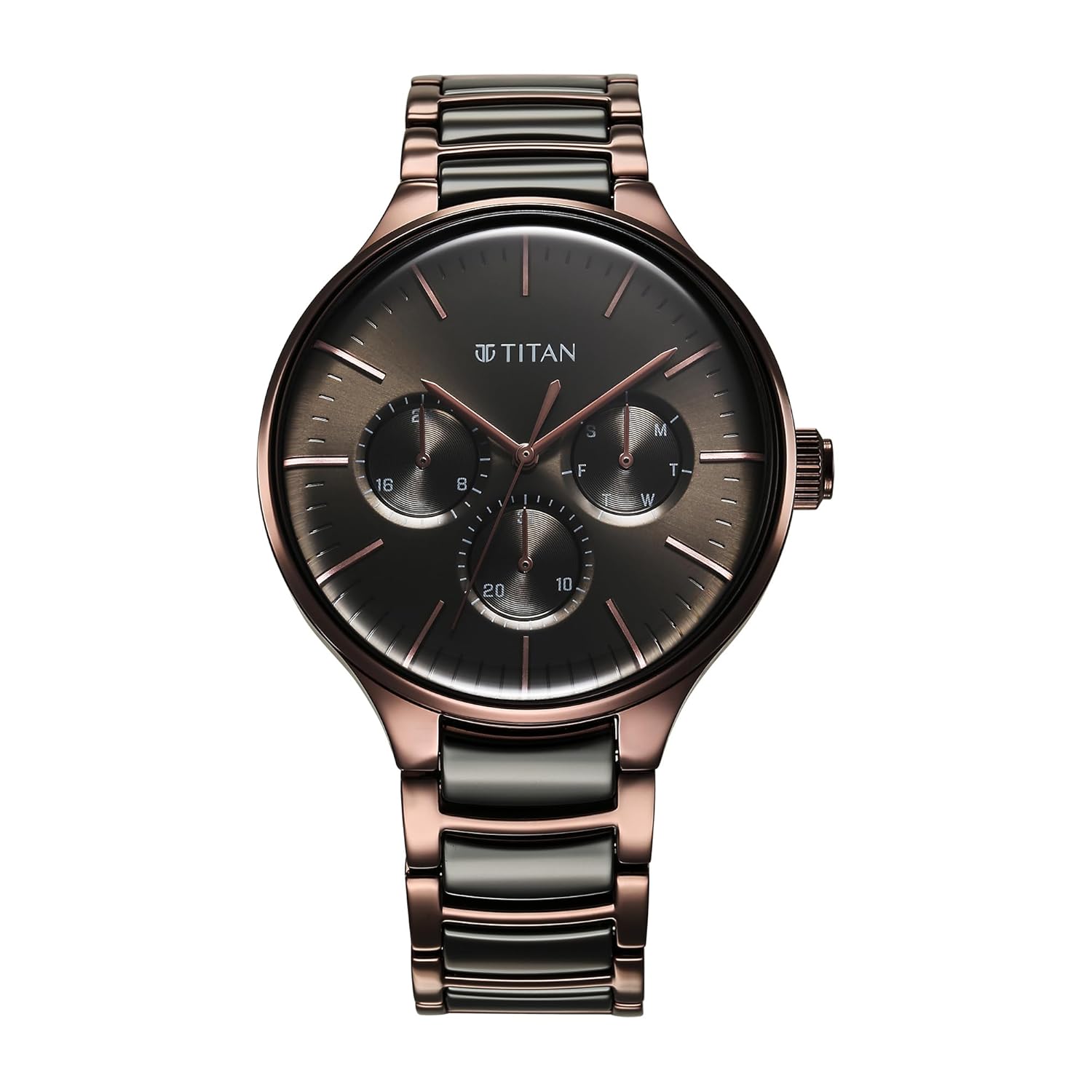 Titan Ceramic Fusion Multifunction Black Dial With Two Toned Color Stainless Steel Strap Watch For Men