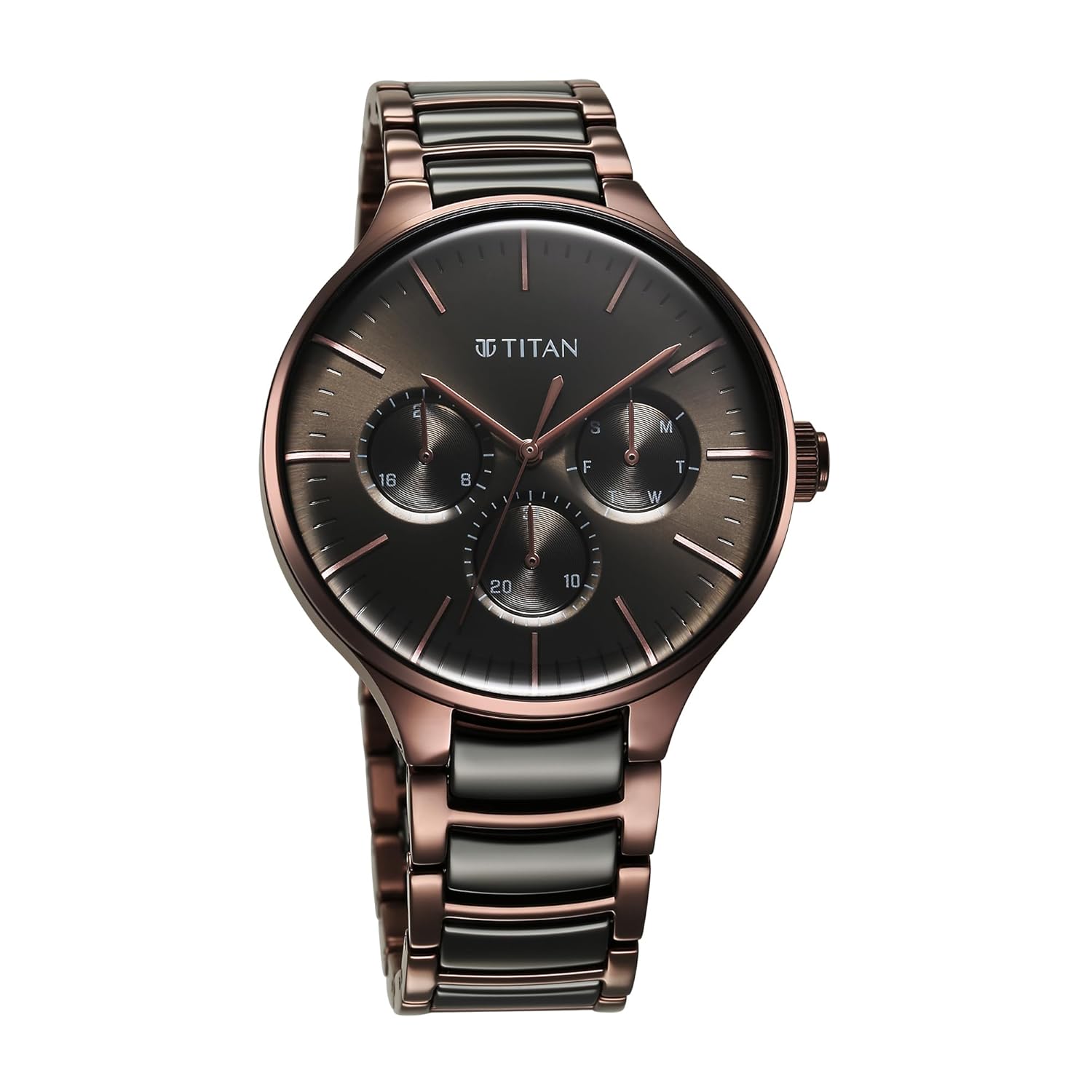 Titan Ceramic Fusion Multifunction Black Dial With Two Toned Color Stainless Steel Strap Watch For Men