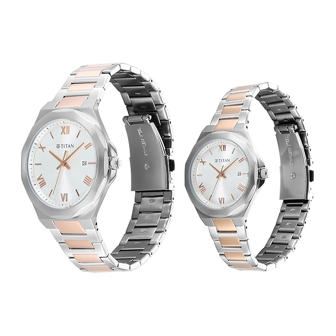 Titan Bandhan Quartz Analog with Date White Dial Two Toned Stainless Steel Strap Watch For Couple