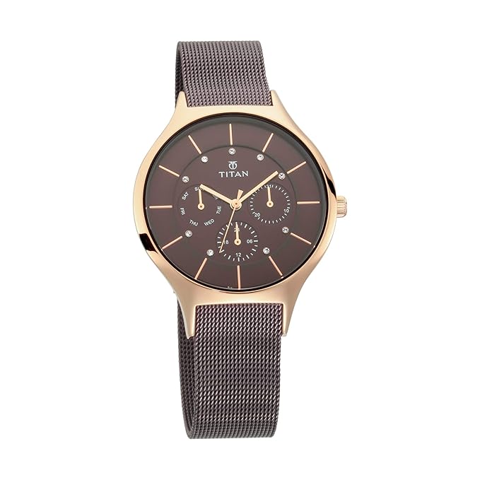 Titan Workwear Brown Dial Quartz Multifunction Metal Strap watch for Women
