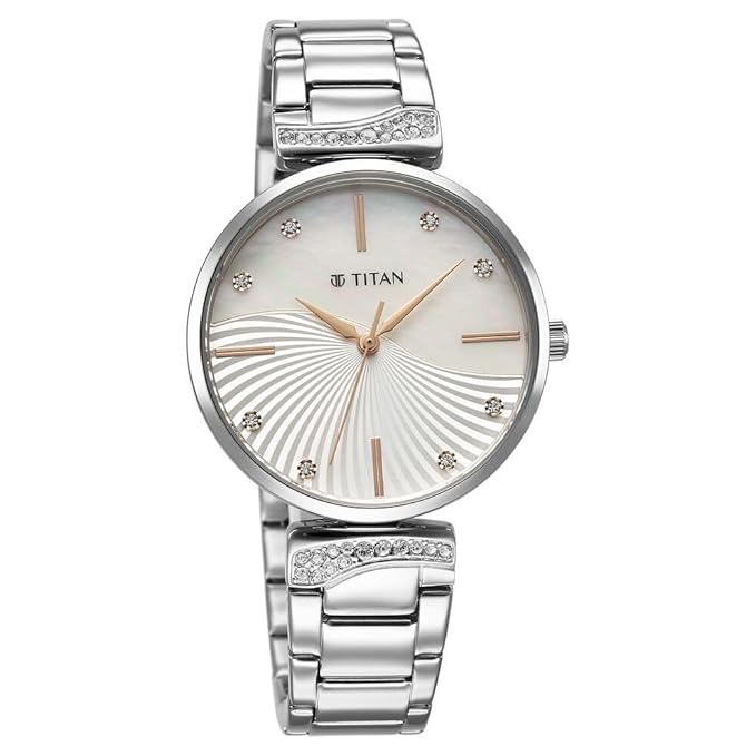 Titan Purple Style Up Quartz Analog Mother Of Pearl Dial Stainless Steel Strap Watch for Women