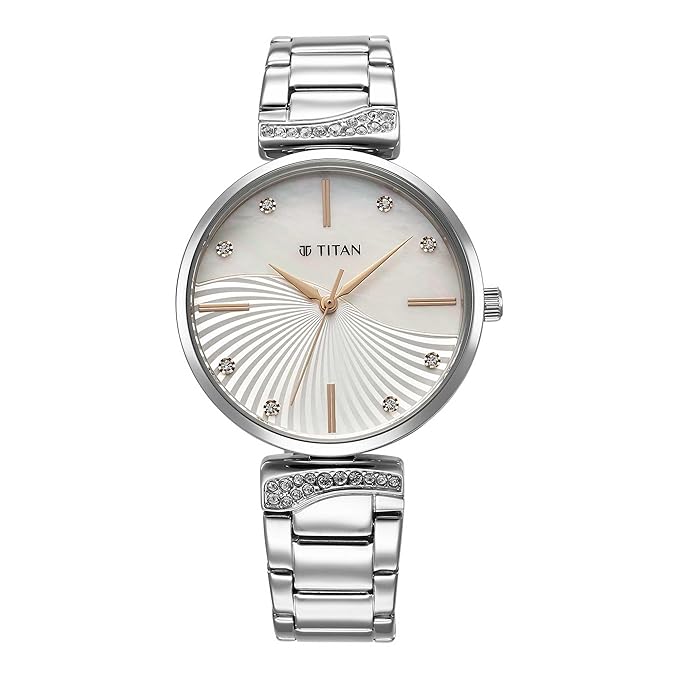 Titan Purple Style Up Quartz Analog Mother Of Pearl Dial Stainless Steel Strap Watch for Women
