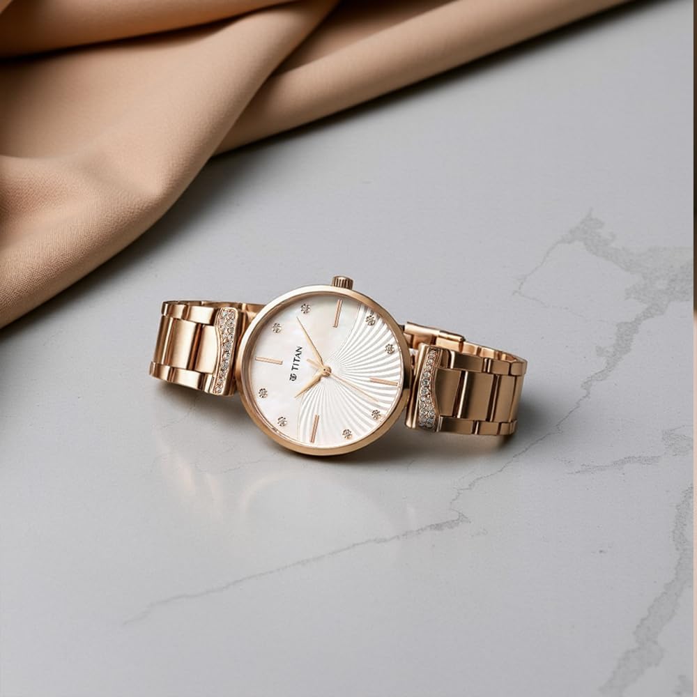 Titan Purple Style Up Quartz Analog Mother Of Pearl Dial Stainless Steel Strap Watch for Women