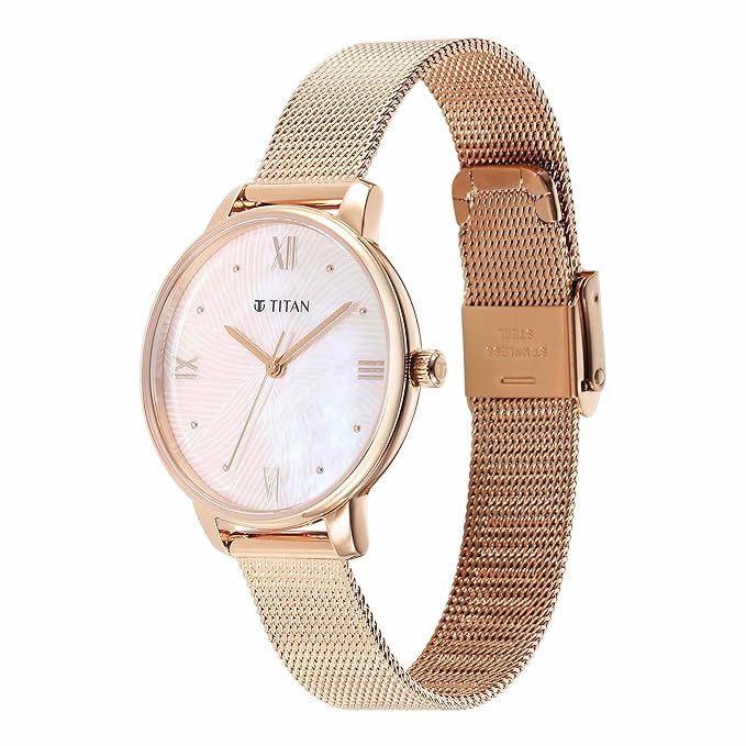 Titan Purple Style Up Quartz Analog Mother Of Pearl Dial Stainless Steel Strap Watch for Women