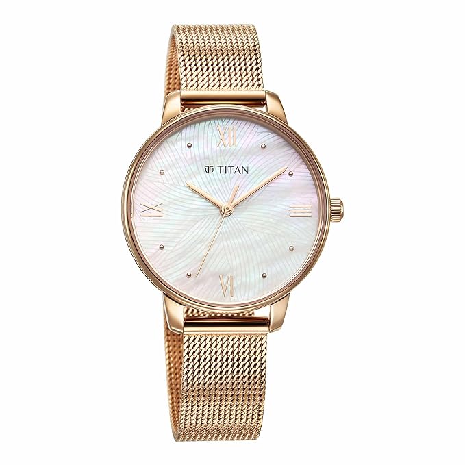 Titan Purple Style Up Quartz Analog Mother Of Pearl Dial Stainless Steel Strap Watch for Women