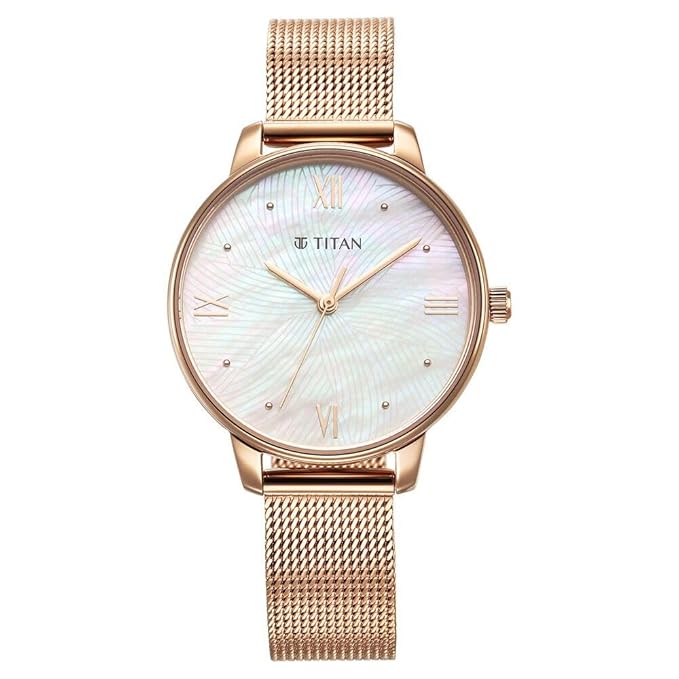 Titan Purple Style Up Quartz Analog Mother Of Pearl Dial Stainless Steel Strap Watch for Women