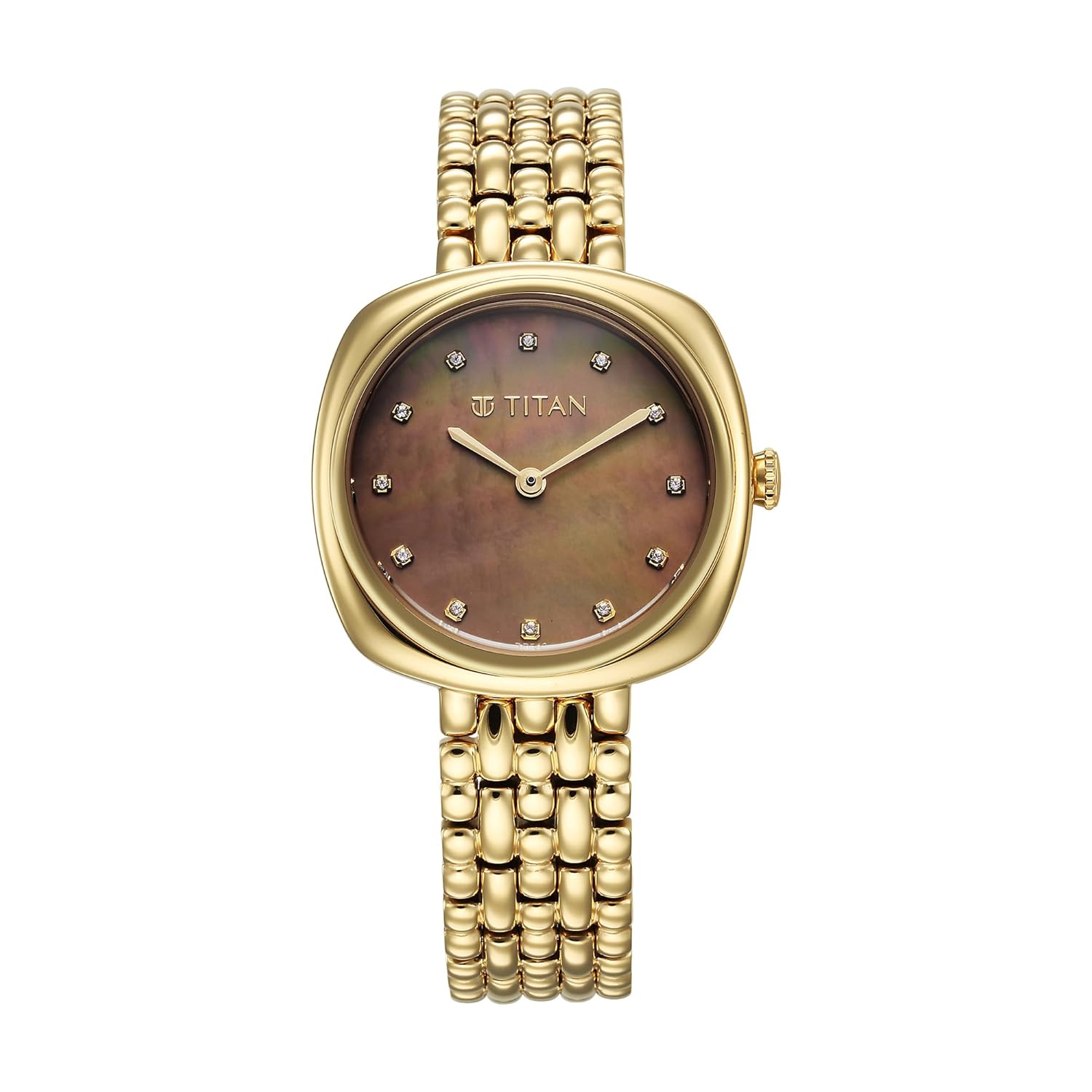 Titan Aura Quartz Analog Brown Mother of Pearl Dial Golden Stainless Steel Strap Watch for Women